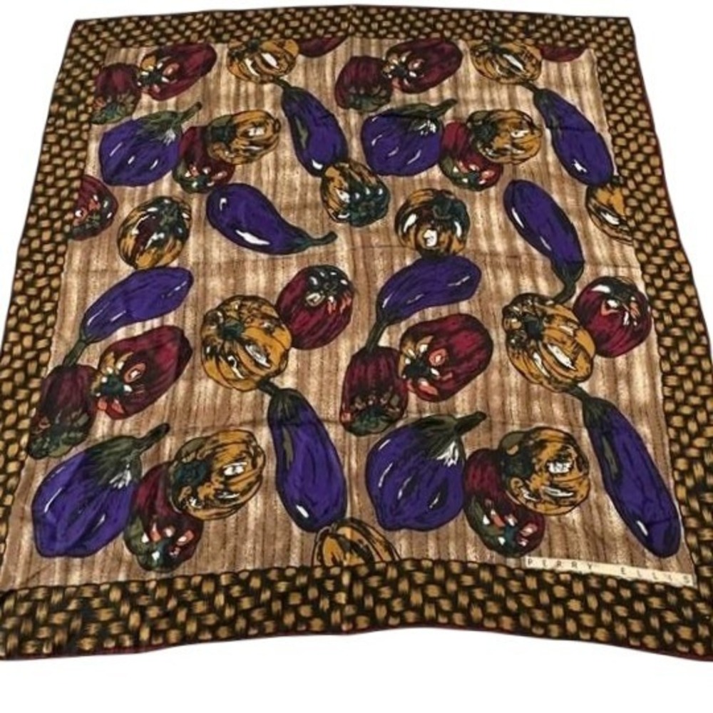 Perry Ellis Vintage Silk Scarf NWT Eggplant Pepper Vegetable Novelty 32x32